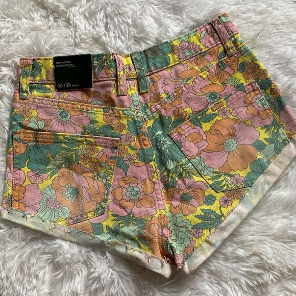 Wild Fable Jean Shorts Highest Rise Cheeky Floral NEW Yellow Green Pink Size 00 - Picture 4 of 8